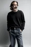 Placeholder: Man's wide leg light jeans and a short black wrapped knitted jumper on a white t-shirt