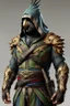 Placeholder: video game character costume inspired by a Kea parrot and Assassin's Creed aesthetic. bird-themed mask protects face. The metallic elements should be in bronzed gold tones. The design should introduce tinted tinted green and blue transitional colors from the bronzed gold to olive color scheme. The hood should have a matte black beak-like tip, exaggerated in shape. character wielding matte black karambit. overall finish should be foresty, wintery, and weathered.