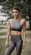 Placeholder: photography of a beautiful anorexic woman, grey satin triathlon top, sports illustrated, brunette short wavy bob haircut, pronounced sternum, flat chest, anthracite short leggins