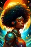 Placeholder: The Cosmic Afro Warrior (The Galaxy Glows From The Afro) She has a halo Glowing In Mixed Colors, Johan Grenier, Victo Ngai, Storybook Illustration, Digital Painting, Dan Mumford, Yanjun Cheng
