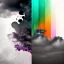 Placeholder: a texture of a grey sky violently exploding and vomiting dirty and unpleasant colors of rainbow that partially muddy the sky, making it ugly, surreal, dreamlike