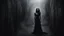 Placeholder: monochrome photo of very blur face pale woman black dress saround her darkness and blur gray fog, back her one black demon shadow hug she, dark gray old wall, darkness around, sad, surreal dark vibe, dangerous, emotional, , dark shadow, dark fantasy, cinematic