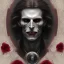 Placeholder: Mystery scary VAMPIRE LESTAT.Ambiance dramatique, dramatic lighting, volumetric lighting, hyperrealisme, 8k, high quality, lot of details, fit within portrait , black and red roses , the vampire teeth , style Daniel Merriam