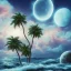 Placeholder: 1980's vaporwave aesthetic palm trees with lightning with lunar eclipse in the ocean waves sunset