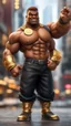 Placeholder: black hunk original Abobo from double dragon holding up a dog sized golden coin with a print of himself ,bokeh like f/0.8, tilt-shift lens 8k, high detail, smooth render, down-light, unreal engine, prize winning