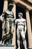 Placeholder: in a modern art display, two famous statues are next to each other, one is David and the other is the Discobulus statue. The discobulus hand covers the private part of David, they both look disgusted at each other