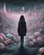 Placeholder: an expansive eerie digital illustration shows a woman (looking at at the viewer:8) and walking towards the camera, chilly dark mood, bare foreground. The model's expressionless face bears the weight of the extreme emotions she has endured to reach this point, her banishment means . Emphasized in the background is a Candyland City, constructed from surreal-looking donuts, cakes, and crumbs