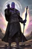 Placeholder: Thanos is the god of power and evil The commander wears a black cloak and a long coat with long combat boots and a long spear with a hat under his cloak with blue flame eyes, a sword like a spear The sun in the palm of a brave man in the middle of the desert