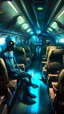 Placeholder: inside a commercial airplane an alien is walking in isle between the seats equipped with scared passengers Bosch painting style