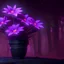 Placeholder: Purple flowers in a black pot, flashy colors, in a forest background, 8k,unreal engine, very detailed, cinema 4D