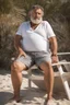 Placeholder: full figure shot photography of a tired strong muscular chubby hairy burly 55 years old ugly marocan carpenter, big nose, bullneck, beard, short hair, manly hairy chest, bulging white shorts, bulge, emotive eyes , relaxing on a chair on the beach in the sun, big shoulders, side light, sweat and wet, ground view angle , front view