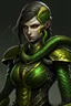 Placeholder: a female humanoid snake, wearing a black leather armor, green scales, yellow eyes