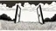 Placeholder: unhinged door, anime, monochrome, black background, ink, simple, maximum quality, broken hinge, barely functioning, centered on frame, far view, in the middle of a grassy hill, white sky with cumulonimbus