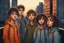 Placeholder: whimsical stylized illustration of young people with big eyes, tiny nose, tiny mouth and messy hair in complementer colors cloths, they stand in line on a high rooftop, surreal, thriller mood, smooth blending, extremely detailed, realistic textures, lights and shadows, cinematic