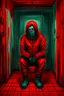 Placeholder: A scary gothic person sits quietly in the middle of a soundproof, padded room conveying intense dramatic emotions in a muted environment, wearing a bright red straitjacket , a mask to cover the mouth area of cannibal evil scary, dark and gothic look, cold eyes, eary ultra detailed,.32k, digital art style with messy paint, hardened sealer appearance, impasto, dramatic Arial view with explosive chaotic background