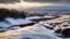 Placeholder: View in the Yorkshire Dales in winter, snow-covered, with beautiful sky, late afternoon sunshine, stone walls, hills and valleys, river, calm, peaceful, tranquil, beautiful composition, chiaroscuro, detail