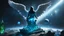 Placeholder: angel with a wings siting on the blue monolith made of blue tiberium crystals of lights, matrix universe, planets on the back grounds, green crystals of tiberium on the life and right