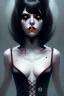 Placeholder: Dracula Vampire girl, cute, beautiful, white eyes, red lips, black hair, vampire tooth with bangs, goth, close up portrait by Greg Rutkowski