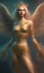 Placeholder: Female angel with beautiful perfect face big wings and golden crown floating above the ground in the dark enviroment, anatomically correct, michelangelo style, detailed, world of warcraft style, dark forest, trees, painting, brush strokes