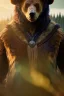 Placeholder: Male Druid character, bear ears, brown hair, long hair, wild hair, yellow eyes, scars on body, animal hide armor, waist up portrait, 4k resolution, intricate details, ornate details, soft lighting, vibrant colors, retroanime, masterpiece, natural background, fae