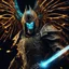 Placeholder: bioluminescent demonic knight with golden wings, covered with glowing crystals, fire and water particles in air, bright colors, glowing sparkle particles, dark tone, sharp focus, high contrast, 8k, incredible depth, depth of field, dramatic lighting, beautifully intricate details, clean environment, epic dynamic scene