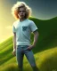 Placeholder: full length photograph of a beautiful 12 year old boy with long, blonde curly hair and light blue eyes, smiling, standing on a green hill in summer, highly detailed, smooth, photorealistic, digital art, HDR