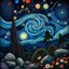 Placeholder: Colourful, peaceful, Egon Schiele, Max Ernst, night sky filled with galaxies and stars, rocks, trees, flowers, one-line drawing, sharp focus, 8k, deep 3d field, intricate, ornate