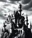 Placeholder: A large dark castle sitting on a cliffs edge ,black and white, fantasy