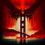 Placeholder: Profound modern horror movie poster, double exposure gritty spooky Cthulhu hanging over "Golden Gate Bridge", ethereal blasphemies, Dramatic, warm colors, red hues, oddball masterpiece, sfumato, complex contrast, dynamic composition