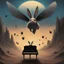 Placeholder: monochromatic black and white bugs bunny composer piano, diffrent planet, one swine pig piggy flying wasp angel, beksinski style daker theme dark black dark black monochromatic