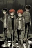 Placeholder: First plan: three 13-15-year-old detectives - two brothers with red hair. One is tall and skinny, second is a little chubby and a girl with a punk look, dark clouds and brown hair, strong make-up with the black cat. Second plan: a group of teenagers turned into computer-addicted zombies. Everything is located in an old town.