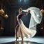 Placeholder: A full-body cinematic photograph of a graceful Azerbaijani woman performing a traditional national dance. She wears an intricately embroidered velvet bodice and a flowing long silk skirt. On her head is a small ornate traditional crown with a long, translucent white lace veil flowing elegantly behind her. She stands in a poised, elegant dance pose on a sleek modern performance stage with dramatic professional spotlighting. The stage is set inside a massive opulent royal hall with high ceilings,