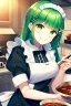 Placeholder: girl, masterpiece, best quality, cinematic lighting, detailed outfit, perfect eyes, green hair, long hair, green eyes, hime cut, straight short bangs, maid, indoors, cooking, food, smiling, hairclip,