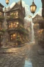 Placeholder: Fantasy city street with cobblestone, moist from rain on sunny day, lots of shops and people