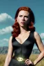 Placeholder: retro portrait image from 1960, sky background, wind, long red hair, fighting stance, sweet young Scarlett Johansson, black dress, classic tight lycra black suit, weapon, gold bracelet and belt, high heel boots, soft color, highly detailed, unreal engine 5, ray tracing, RTX, lumen lighting, ultra detail, volumetric lighting, 3d, finely drawn, high definition, high resolution.