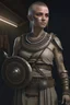 Placeholder: full length, gangly, 22-year old, shaved head, grey-eyed female human with a beaded necklace, bare face, scale mail, sickle and shield