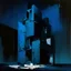 Placeholder: Minimal abstract oil painting of concrete fragments of body brutalist architecture and illuminated at night. Blue In the style of Justin Mortimer and Phil Hale and Ashley Wood