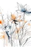 Placeholder: Ink drawing of abstract flowers, line drawing, white background, negative space, splashes of soft colours