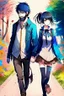 Placeholder: anime couple, walking , colorful, man with salt and pepper beard and woman with dark hair and blue eyes