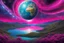 Placeholder: fushsia sky, planet in the sky, lake, sci-fi, mountains, galactic cosmic influence