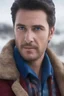 Placeholder: Blue eyes, close-up facial portrait - a Bright, well-lit UHD, 1080p 32k, photograph - winter time, hunting season, part Jesus Christ, part Elvis Presley with a mustache and short crew-cut hair, part Lee Majors, Part red and black checkered wool coat, blue jeans, cowboy boots, plaid shirt, sunbursts, crosses, 3D lighting, diamonds, hearts, Butterflies, Clovers, Roses, extremely colorful,