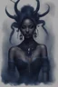 Placeholder: hot worrior woman of water , with mixing a bugs style accessories and fashion and hairstyle, belly,ornaments hair,sparkle ,candels,realistic,portrait,a hauntingly beautiful masterpiece emerges from the depths of darkness: an ethereal, noir-inspired portrait of a figure brown skin shrouded in misty shades of midnight blue and smoky charcoal, exuding a sense of mysterious allure and captivating the viewer with its enigmatic gaze