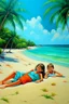 Placeholder: tropical beach two childeren and a woman lying paining