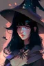 Placeholder: anime woman with black hair, mage, witch hat, girly