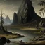 Placeholder: A dark brown mountain with tar pits painted by Caspar David Friedrich