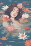 Placeholder: woman tilting head with a peaceful expression, hugging self, flowers floating in water, freedom, Sense of liberation