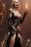 Placeholder: Brandi Love in black leather gown, evil, busty, cleavage, curvy, angry, happy, stern look. character design by cory loftis, fenghua zhong, ryohei hase, ismail inceoglu and ruan jia. unreal engine 5, artistic lighting, highly detailed, photorealistic, fantasy