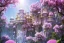 Placeholder: a magical crystal flower lys bougainvillier fuksia, blue gold house indian palace castle in the woods, magnolias pink,blue lake,sun,white swanns,pink vertical, blue lake,sharp, vines, candlelit, endor, ornate, elegant, highly detailed, artstation, concept art, smooth, sharp focus, illustration, 8k, splash art, wallpaper, key visual