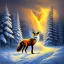 Placeholder: winter landscape with fox riding big elk and blue storm clouds and lightening