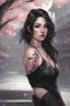 Placeholder: watercolor gothic girl in black leather halter top, white skin, beautiful wavy shoulder length black hair, sakura blossom tattoos on body, Trending on Artstation, {creative commons}, fanart, AIart, {Woolitize}, by Charlie Bowater, Illustration, Color Grading, Filmic, Nikon D750, Brenizer Method, Side-View, Perspective, Depth of Field, Field of View, F/2.8, Lens Flare, Tonal Colors, 8K, Full-HD, ProPhoto RGB, Perfectionism, Rim Lighting, Natural Lighting, Soft Lightiing, cityscape background